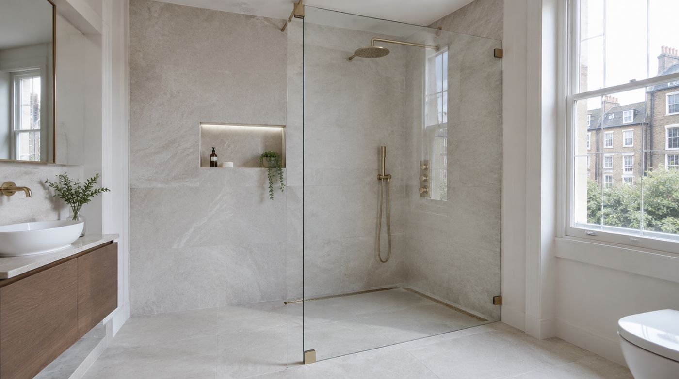 A frameless walk-in shower screen: a single fixed panel of toughened glass with minimal brushed brass fixings