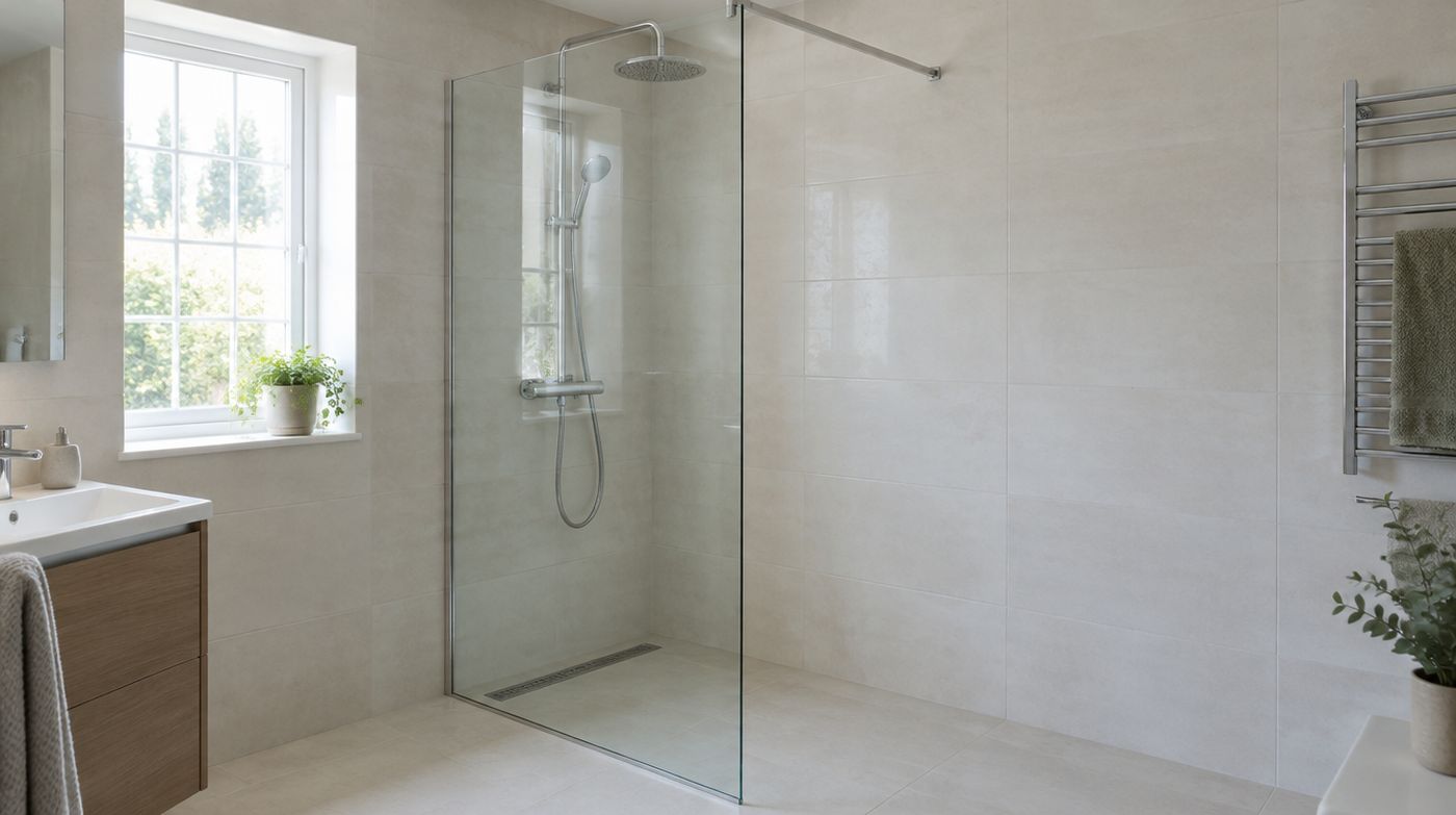 A tall fixed glass shower panel braced to the wall with a slim bar at high level