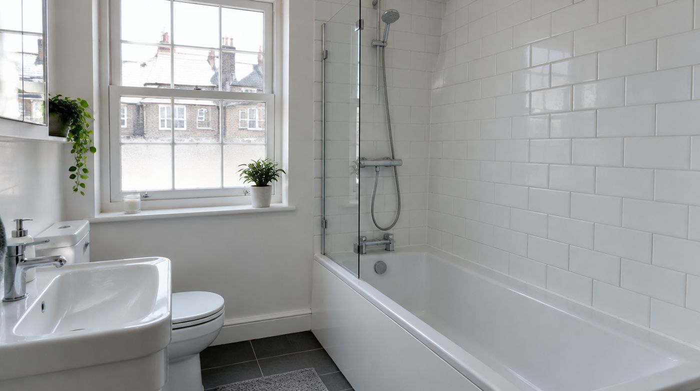 A clear glass shower screen beside a bath in a bright everyday London bathroom