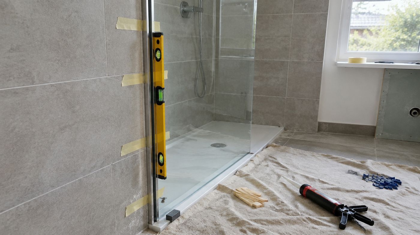 A shower screen panel held plumb in a wall channel with a spirit level during installation