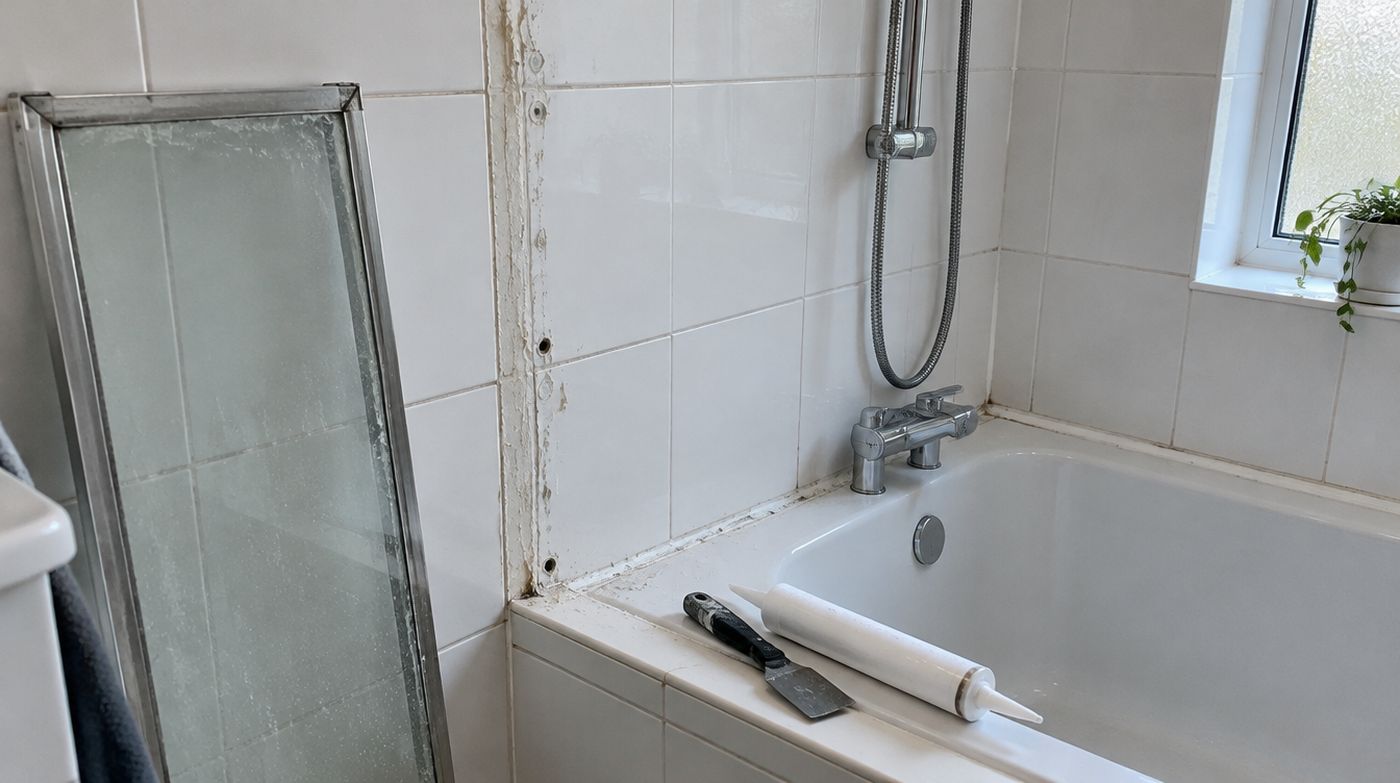 An old shower screen removed from a tiled wall, leaving silicone residue and fixing holes