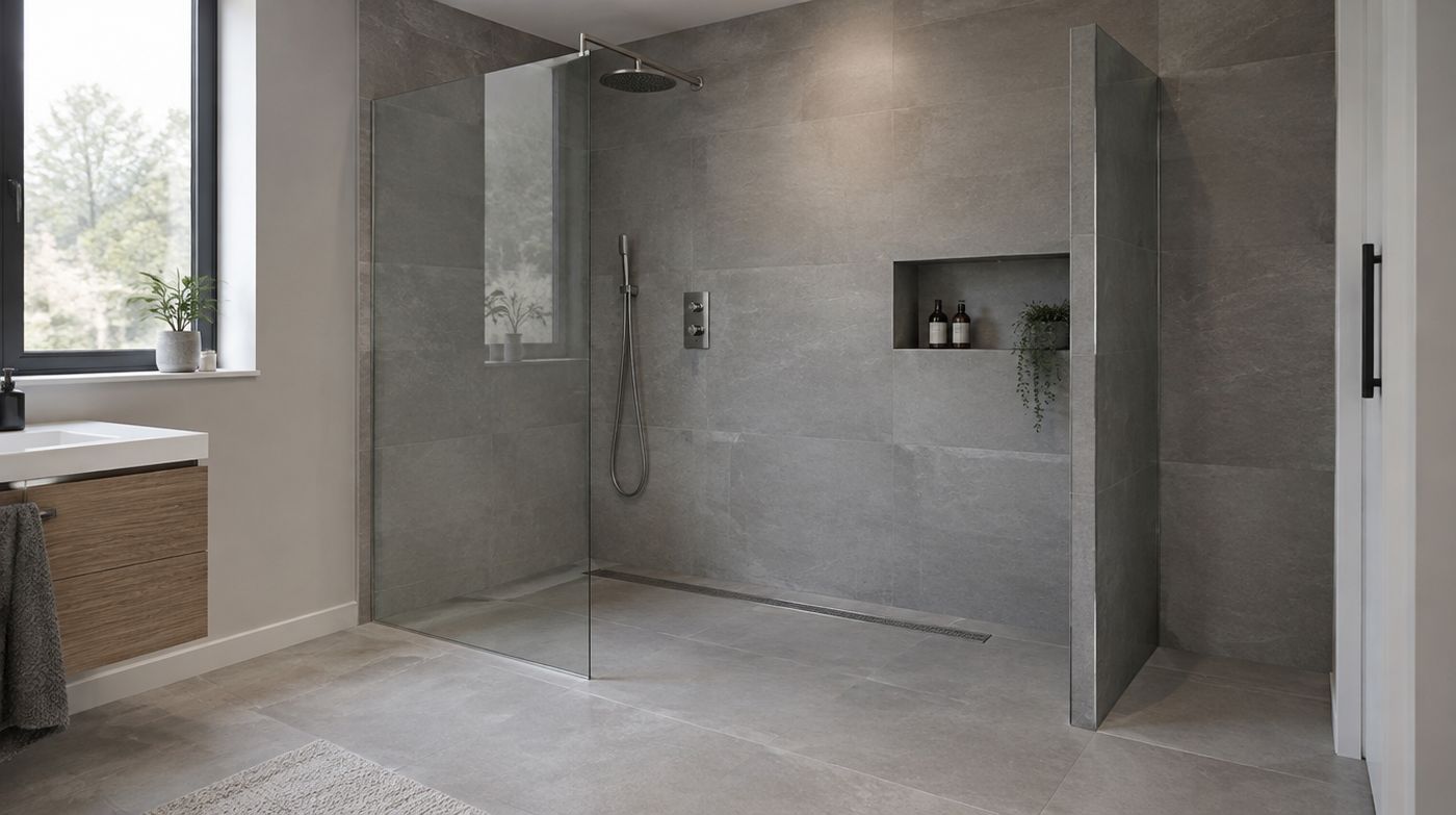 A walk-in shower with a fixed glass panel, an open end and a short return panel