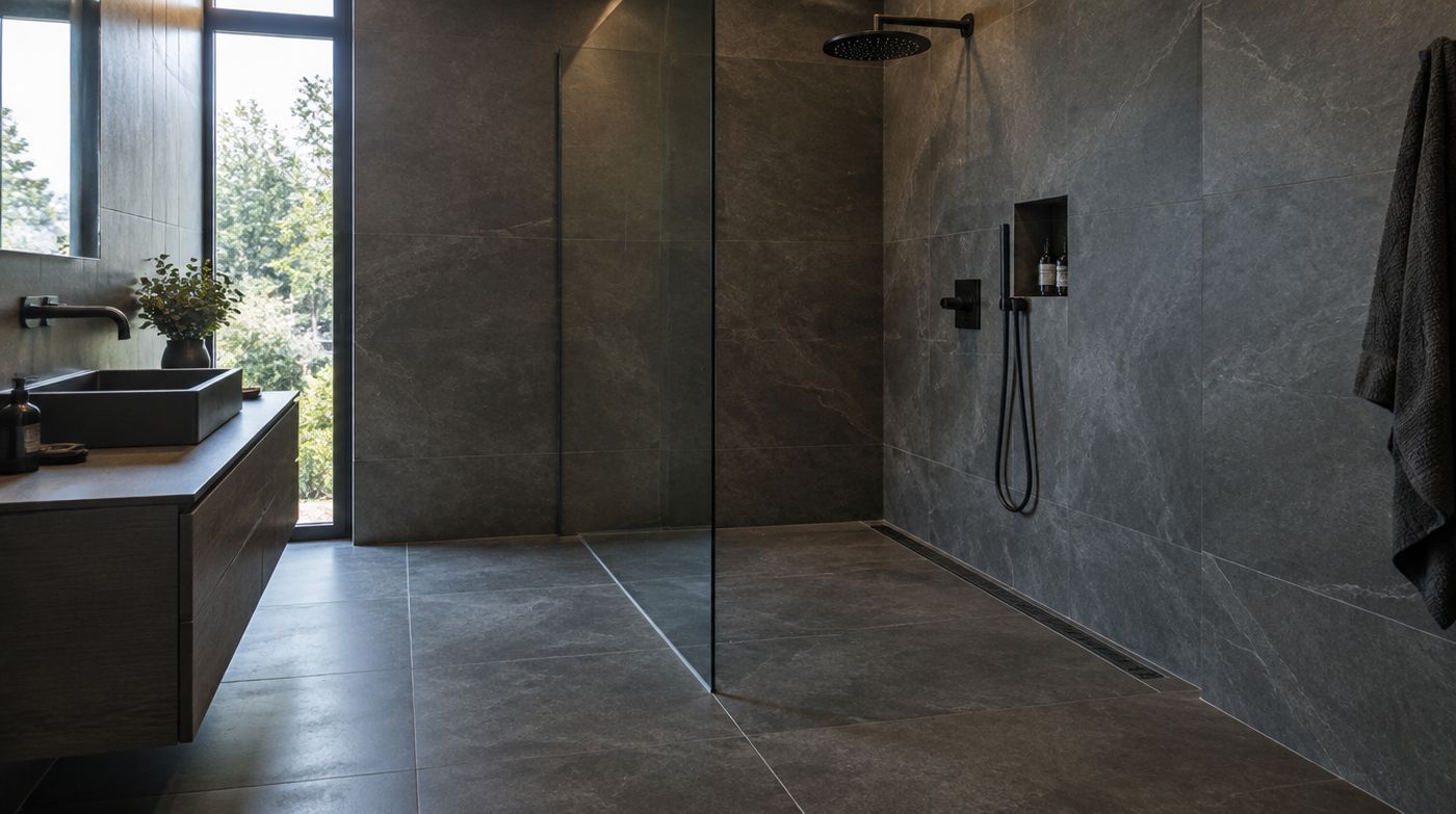 A wet room with a full height fixed glass panel and a tiled floor falling to a linear drain