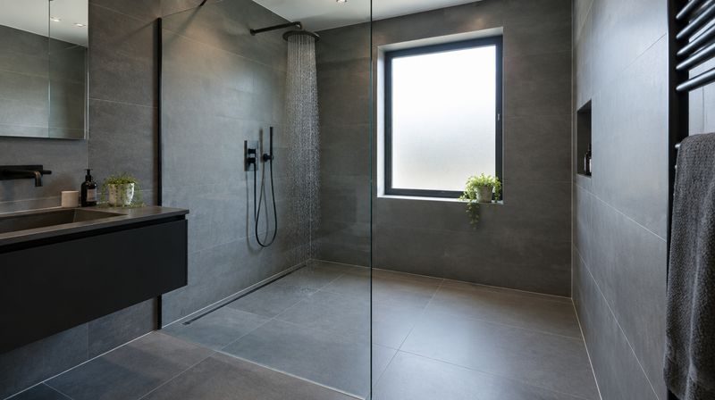 A wet room with a floor to ceiling frameless glass screen over a tiled floor falling to a linear drain