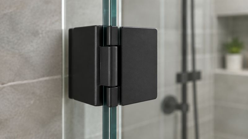 Close detail of a matt black glass to glass hinge clamped to the edge of a toughened glass shower door