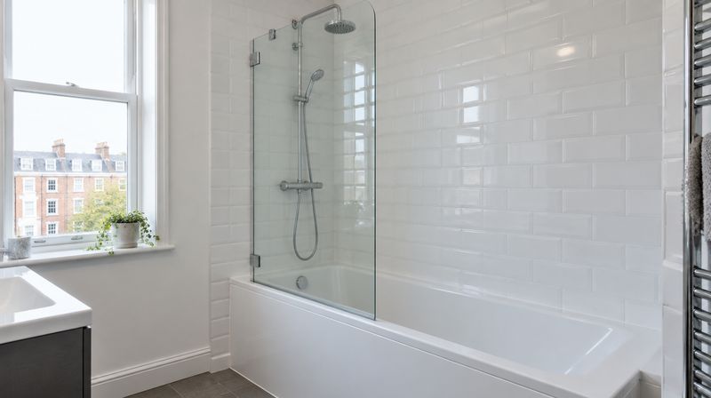 A frameless hinged glass bath screen with slim chrome fittings over a bath