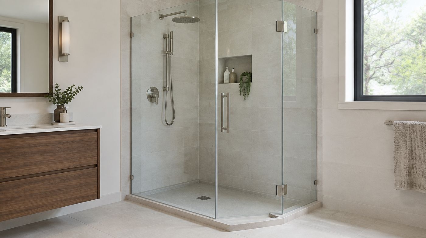 A frameless hinged shower enclosure with a glass door and return panel on a low profile tray