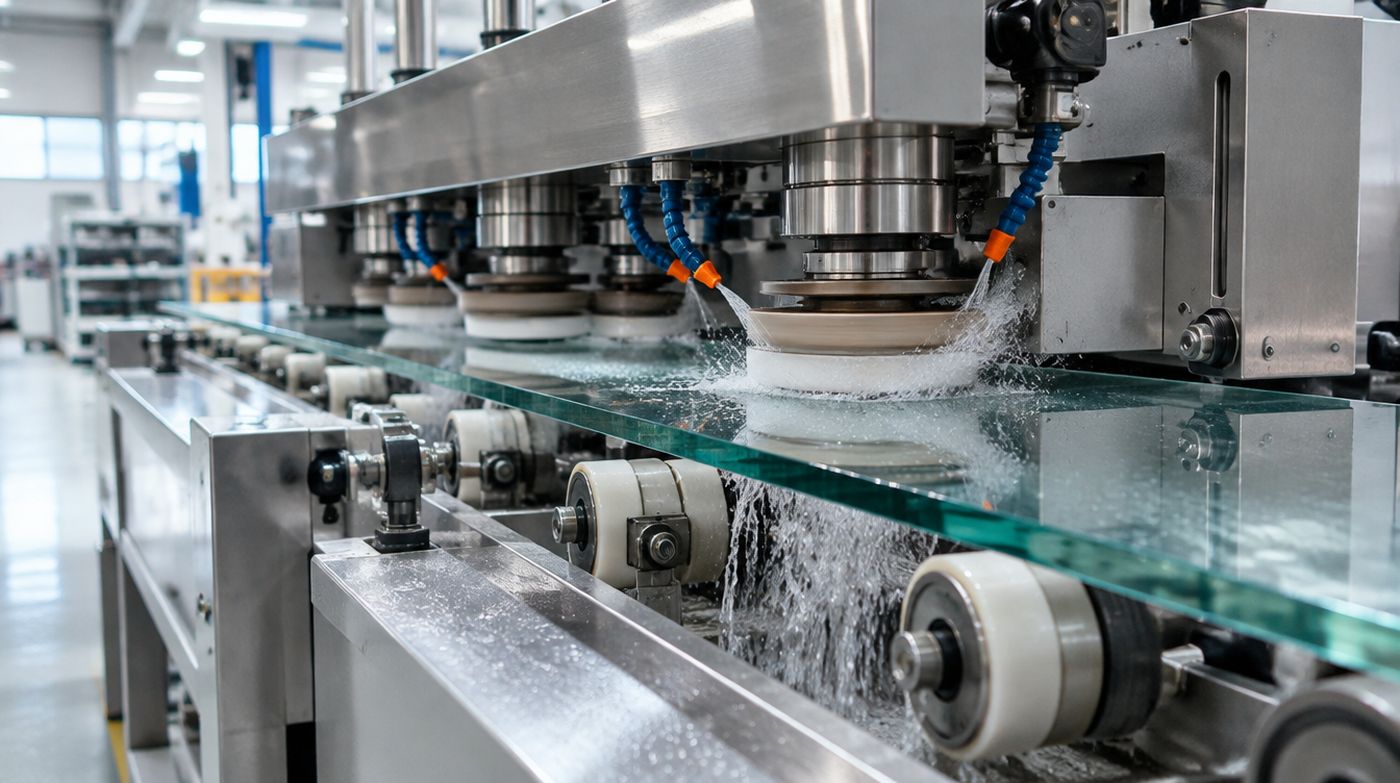 A pane of glass passing through an edge polishing machine, with water and polishing wheels working the edge